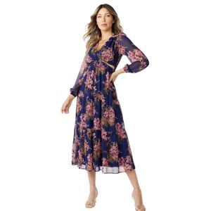 Sofia Jean Cutout Midi Floral Bouquet Balloon Sleeve V-Neck Blue Dress Size L